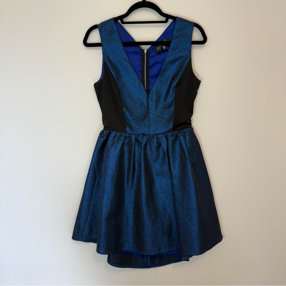 ASOS Girls on Film Metallic Blue and Black Sleeveless Hi-Low Dress Size 8